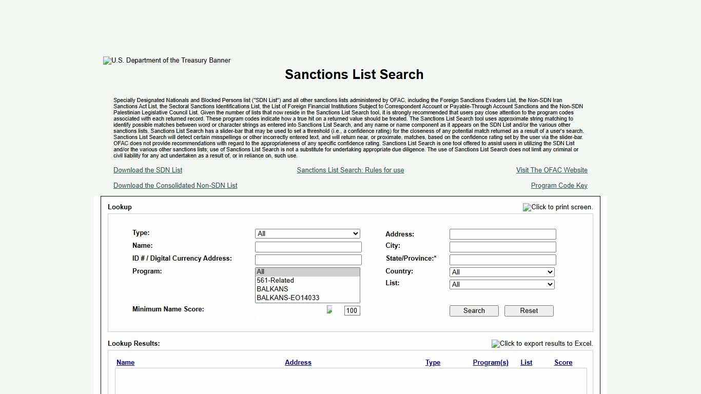 Sanctions List Search